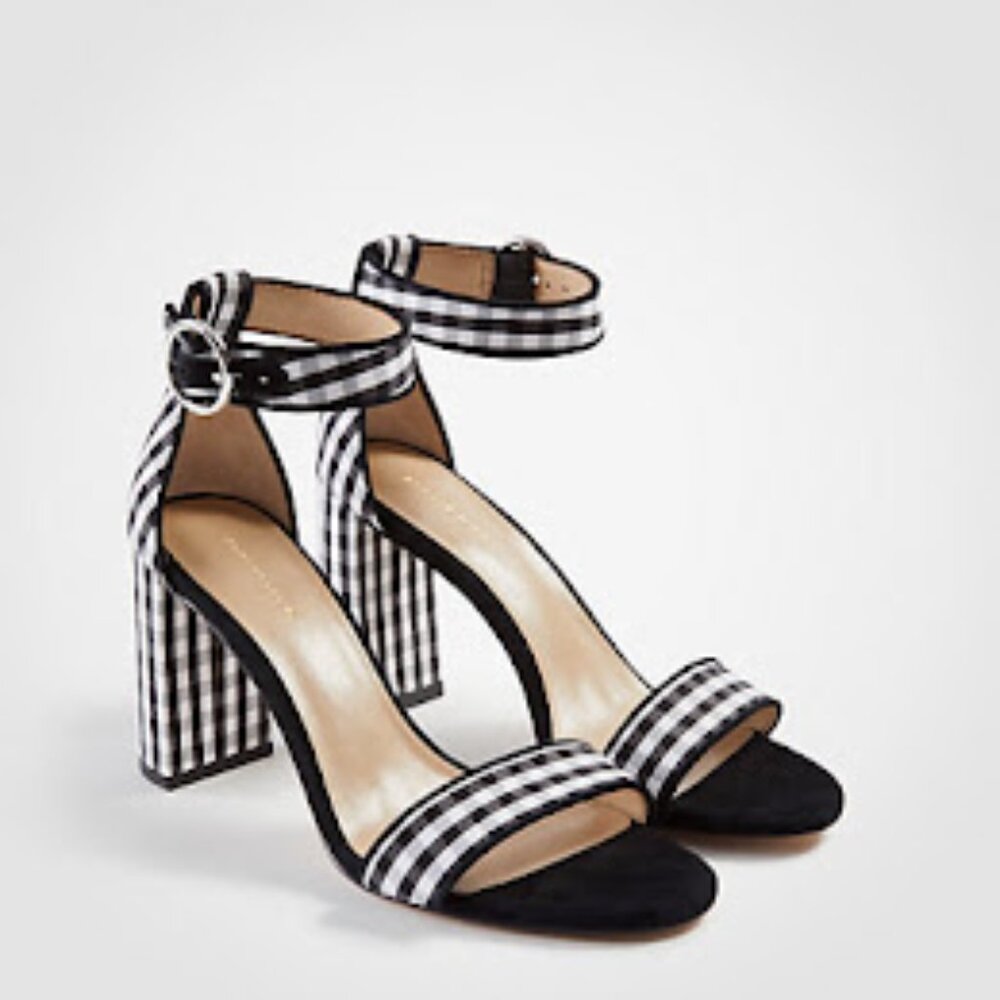Ann Taylor Leannette Piped Gingham Block Heel Sandals Black/White 9B NEW